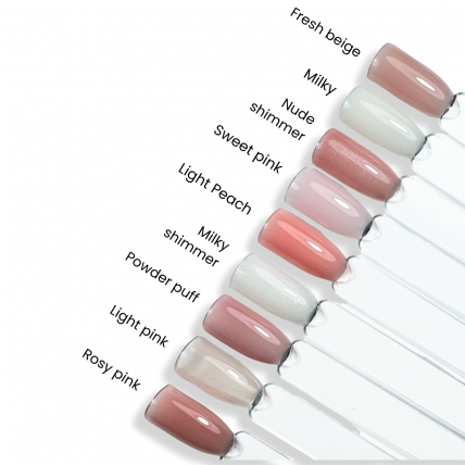 Bazė su stiklo pluoštu Jelly Gelly Hard Base - Nude shimmer 12ml HEMA FREE 1