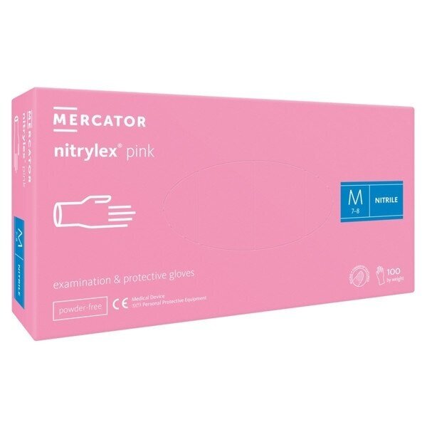 Vienkartinės rožinės nitrilinės pirštinės Mercator - Nitrylex Magenta M, 100vnt Vienkartinės rožinės nitrilinės pirštinės Mercator - Nitrylex Magenta M, 100vnt